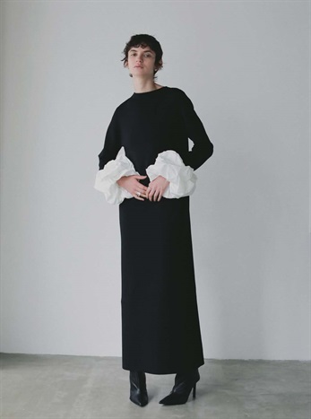 ボリュームスリーブニットワンピース(03白黒-フリー)