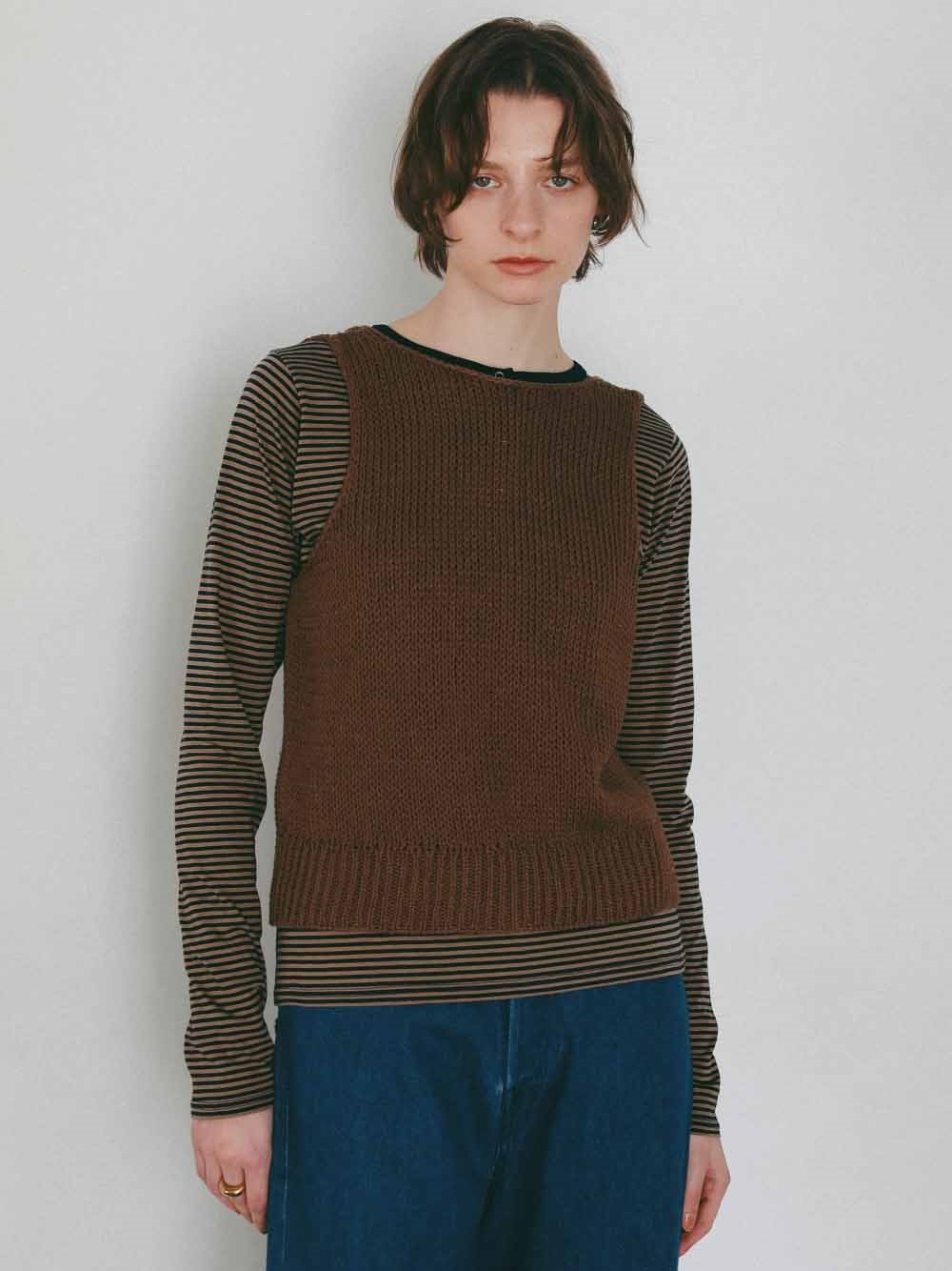 ヘンリーネックボーダーカットプルオーバー(83キャメル-フリー)