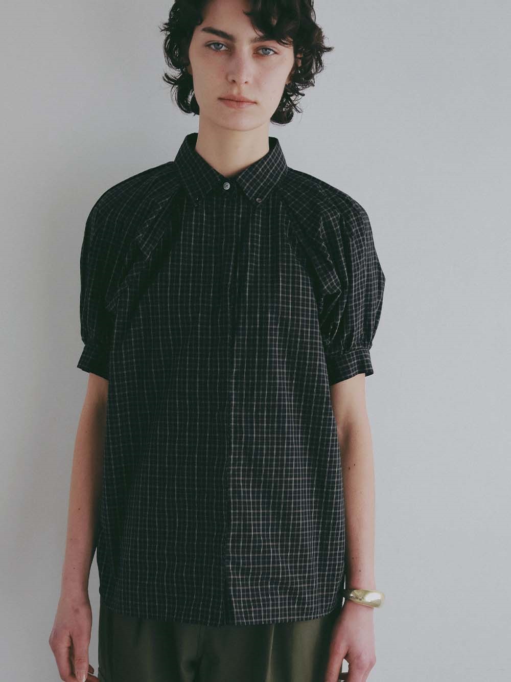 ショルダータックチェックブラウス(00ブラック-フリー)