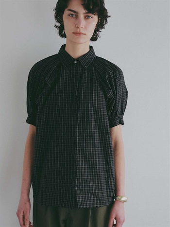 ショルダータックチェックブラウス(00ブラック-フリー)