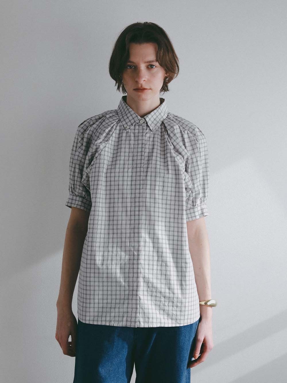 ショルダータックチェックブラウス(82グレージュ-フリー)