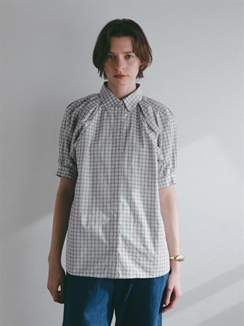 ショルダータックチェックブラウス(82グレージュ-フリー)